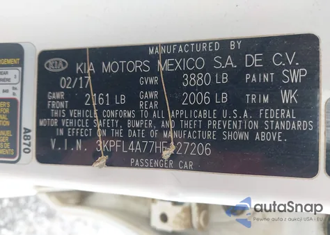 2017 Kia Forte Lx из США, поврежденный, VIN 3KPFL4A77HE127206